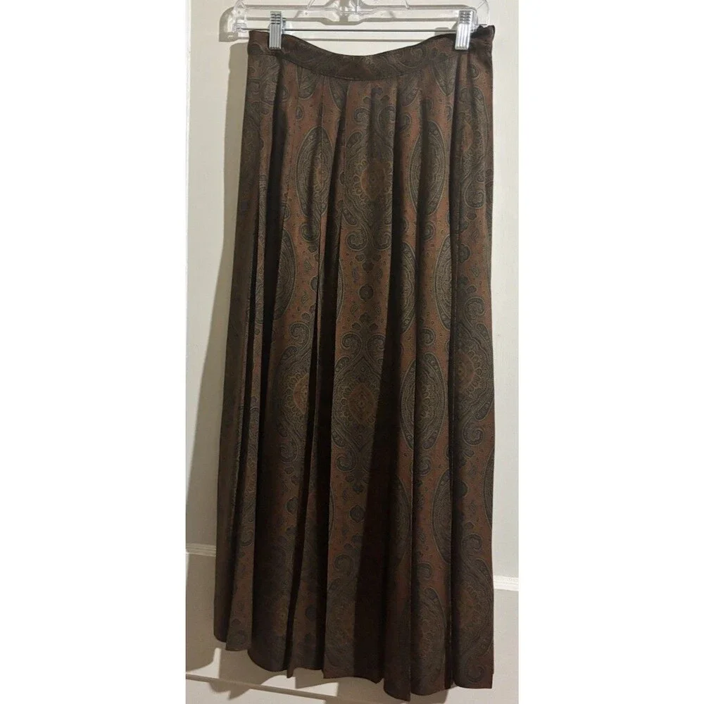 Vintage‎ Ann Taylor Paisley Rayon Maxi Skirt Brown Gold Size 8 Pleated Boho 90s